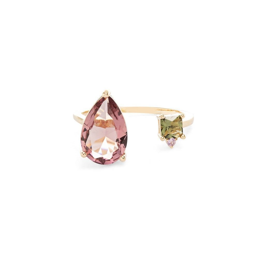 Anel Aberto Cristal Gota Roxa E Square Verde Semijoia Dourado 4