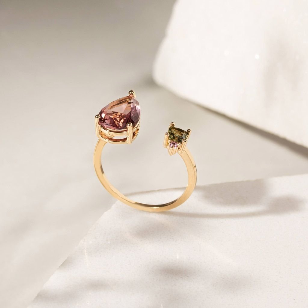 Anel Aberto Cristal Gota Roxa E Square Verde Semijoia Dourado 5