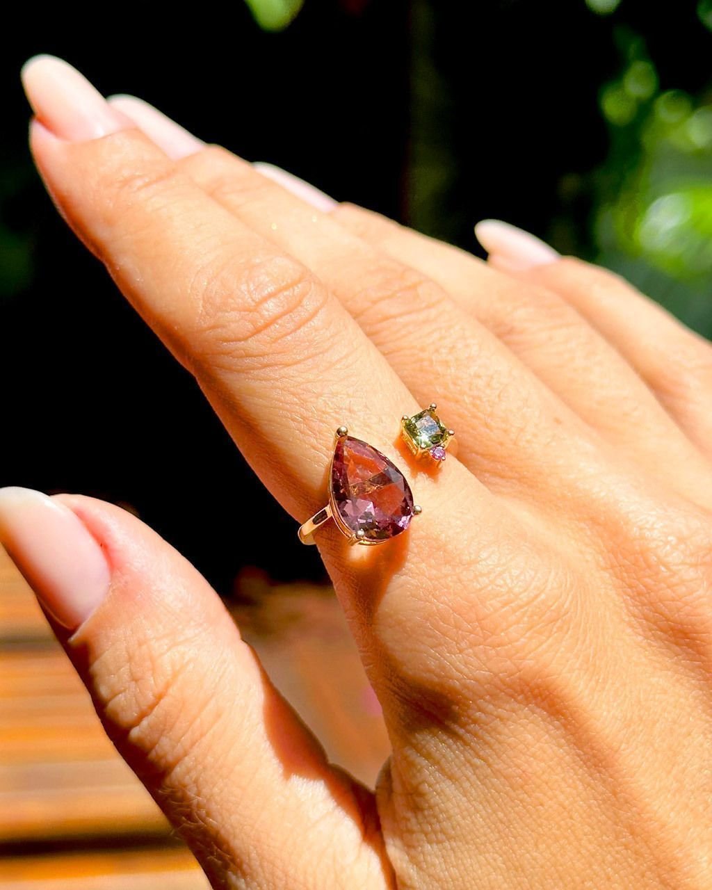 Anel Aberto Cristal Gota Roxa E Square Verde Semijoia Dourado 6