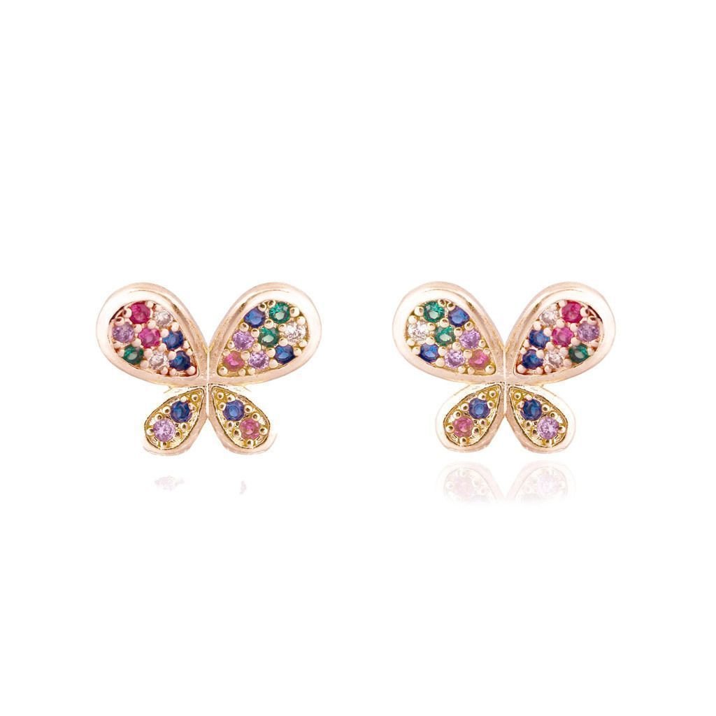 Brinco Borboleta Zircônias Coloridas Semijoia Banho Ouro Dourado 1