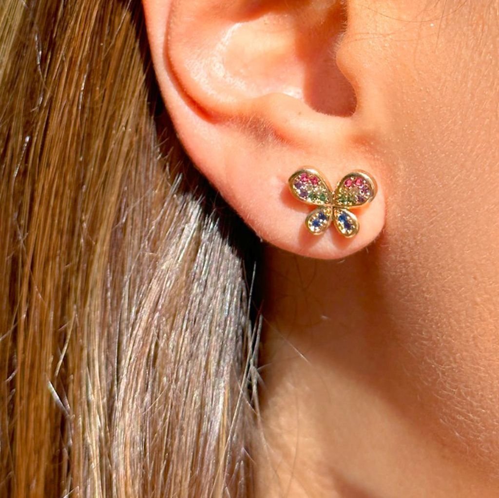 Brinco Borboleta Zircônias Coloridas Semijoia Banho Ouro Dourado 2