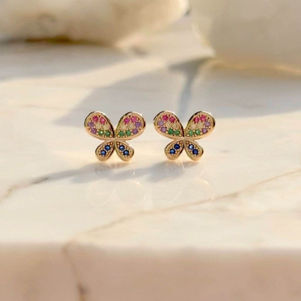 Brinco Borboleta Zircônias Coloridas Semijoia Banho Ouro Dourado 3