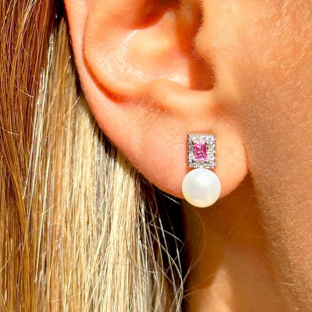 Brinco Zircônia Rosa com Pérola Semijoia Banho Rodio Rosa 2