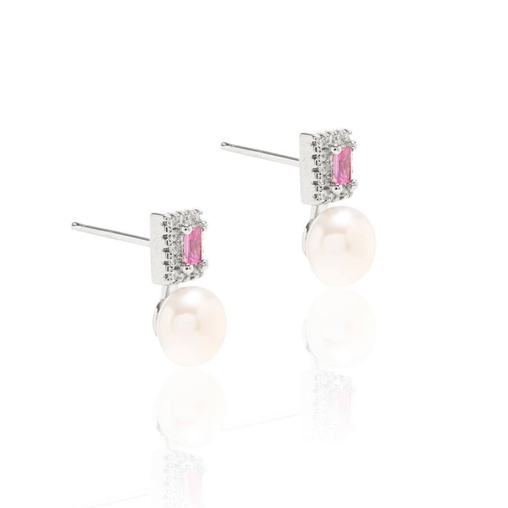 Brinco Zircônia Rosa com Pérola Semijoia Banho Rodio Rosa 5