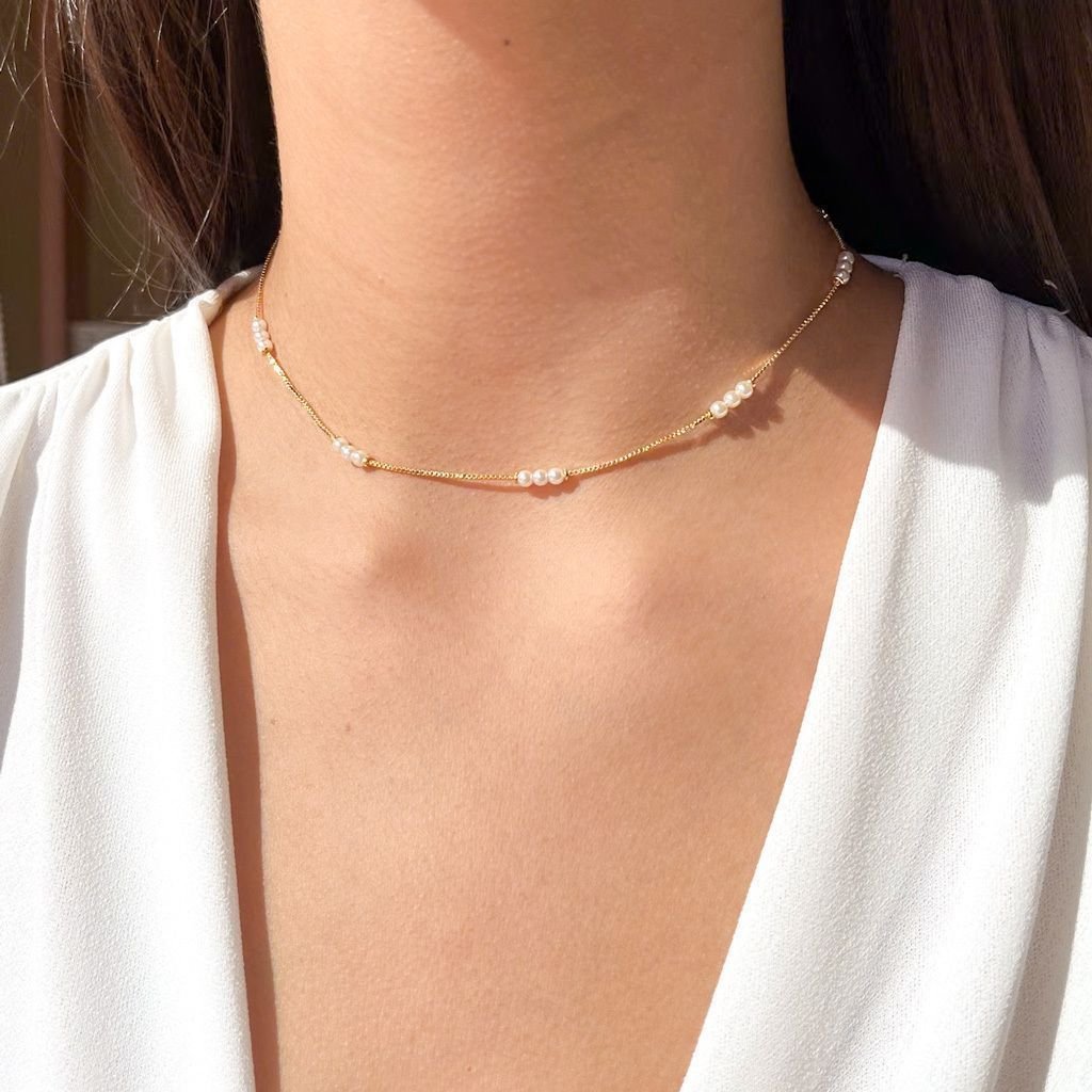 Choker Corrente Veneziana Com Trio Pérolas Semijoia Banhada Dourado 3