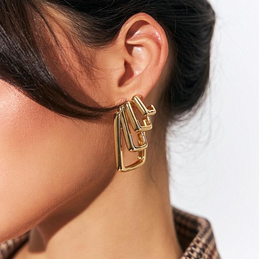 Brinco Ear Cuff Mix Argolas Lisas Retangulares Semijoia Dourado 2