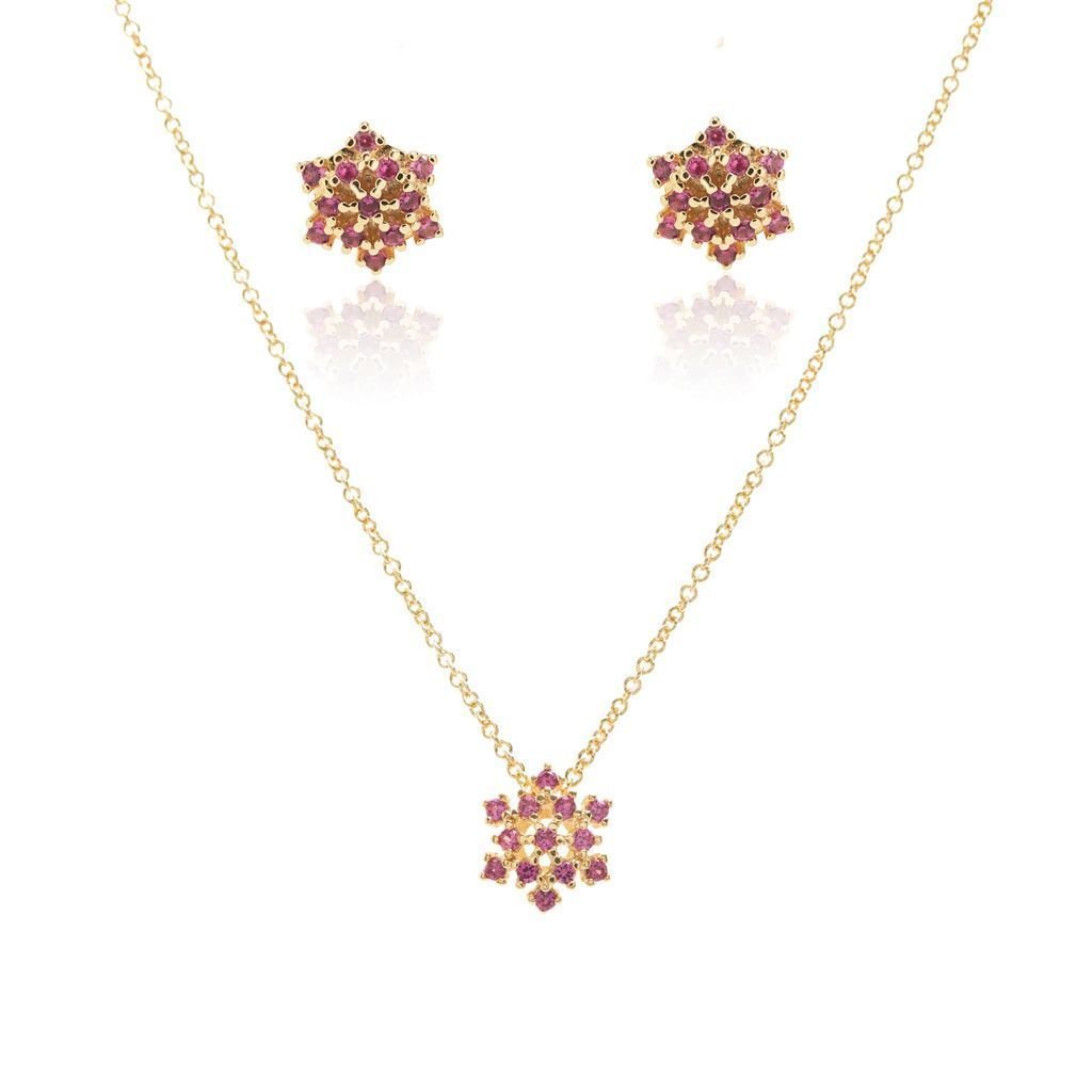 Conjunto Semijoia Colar e Brinco Chuveiro Zircônias Vermelho Vermelho 1