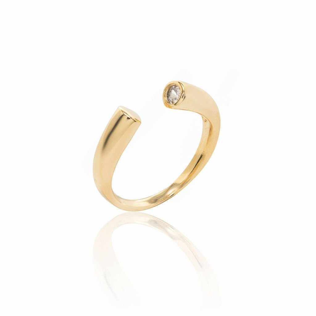 Anel Minimalista Aro Aberto Detalhe Zircônia Semijoia Dourado 1