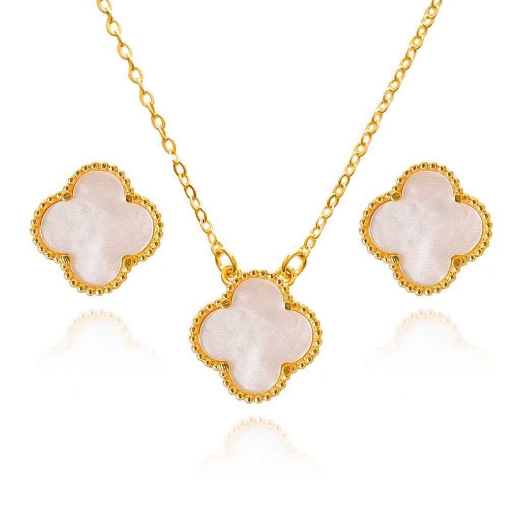 Conjunto Brinco E Colar Trevo Dupla Face Semijoia Madrepérola Branco 1