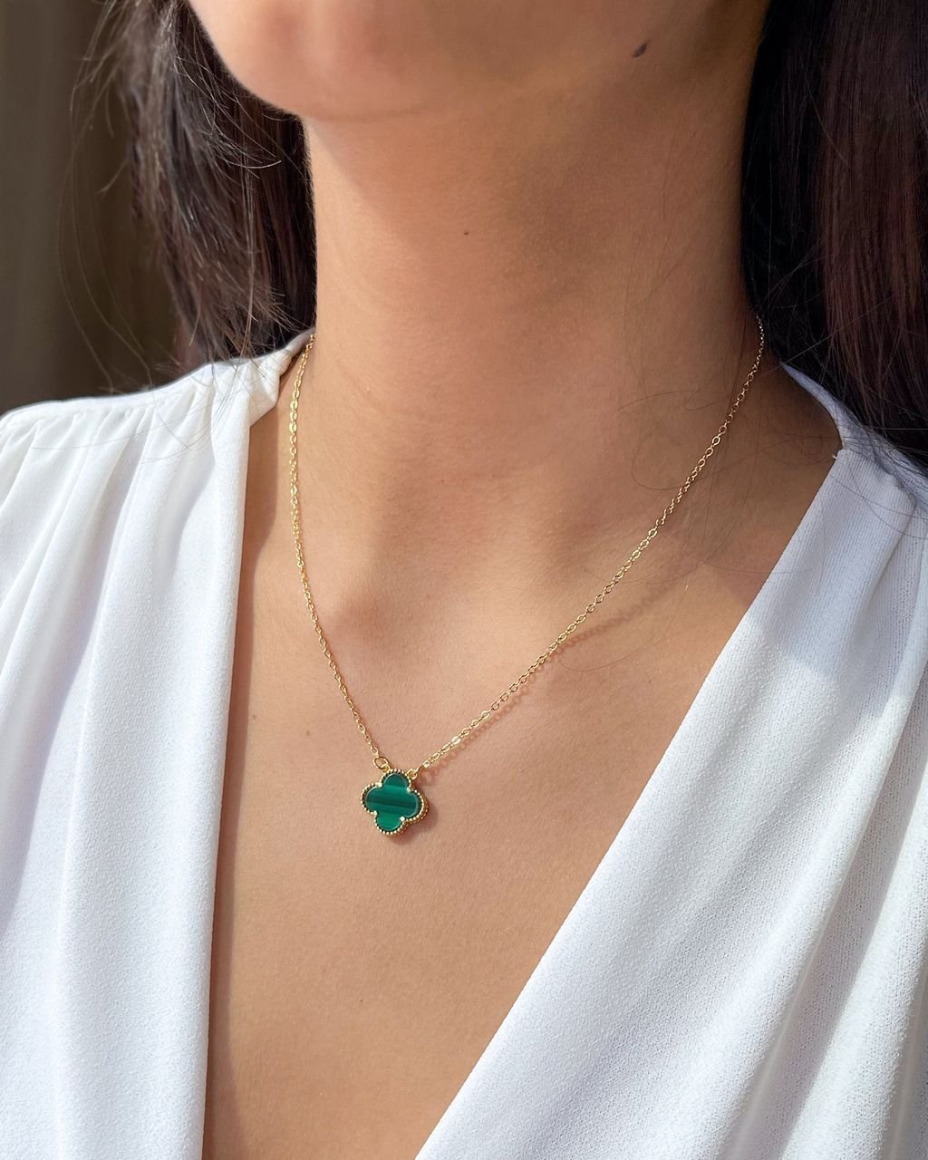 Conjunto Brinco E Colar Trevo Dupla Face Semijoia Verde Malaquita Verde 2