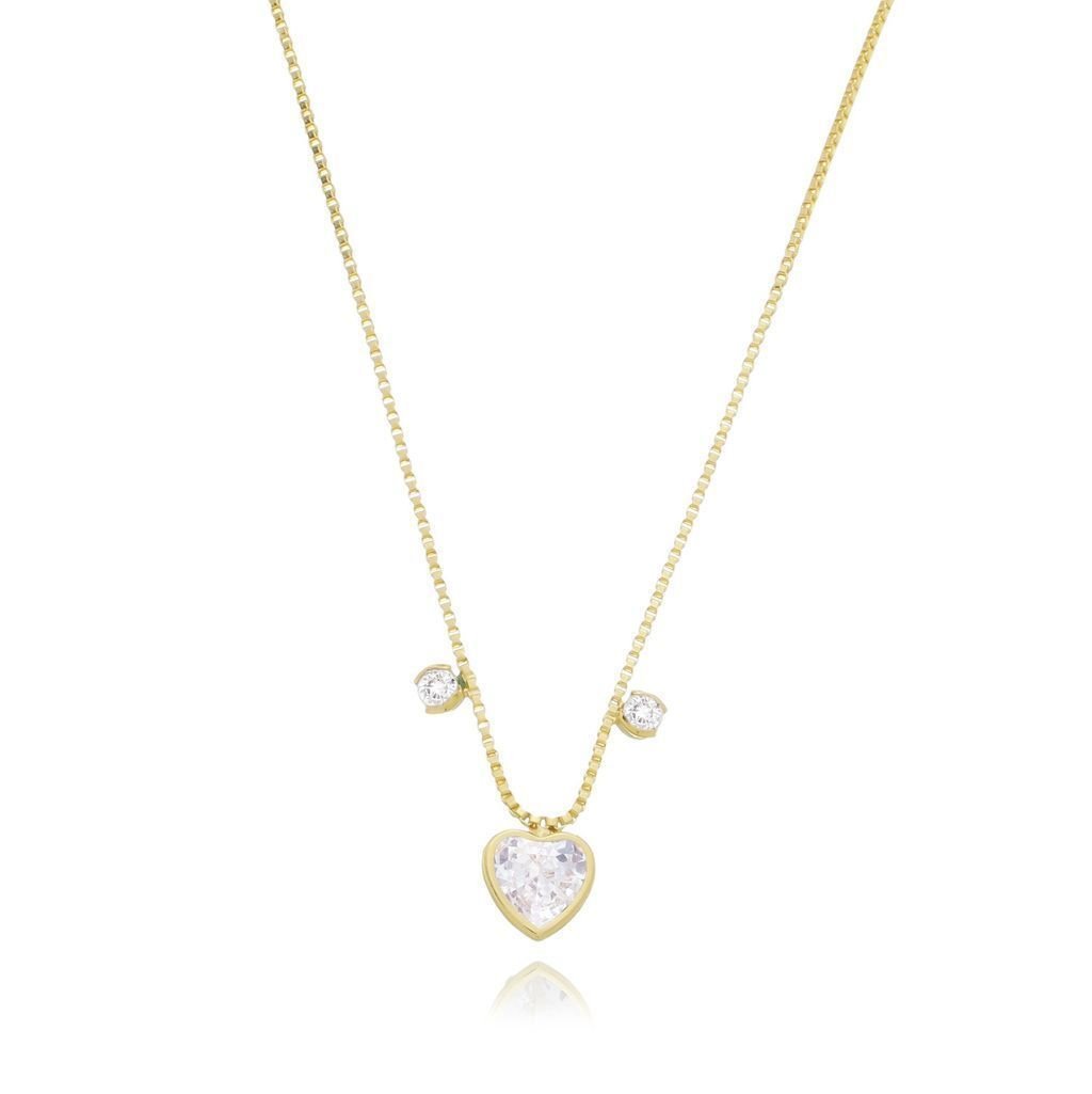 Colar Zircônia Coração e Cristais Semijoia Banho Ouro Dourado 1