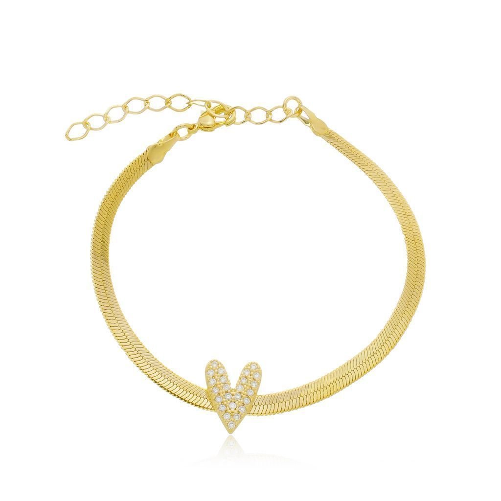 Pulseira Laminada com Coração em Zircônias Semijoia Dourado 1