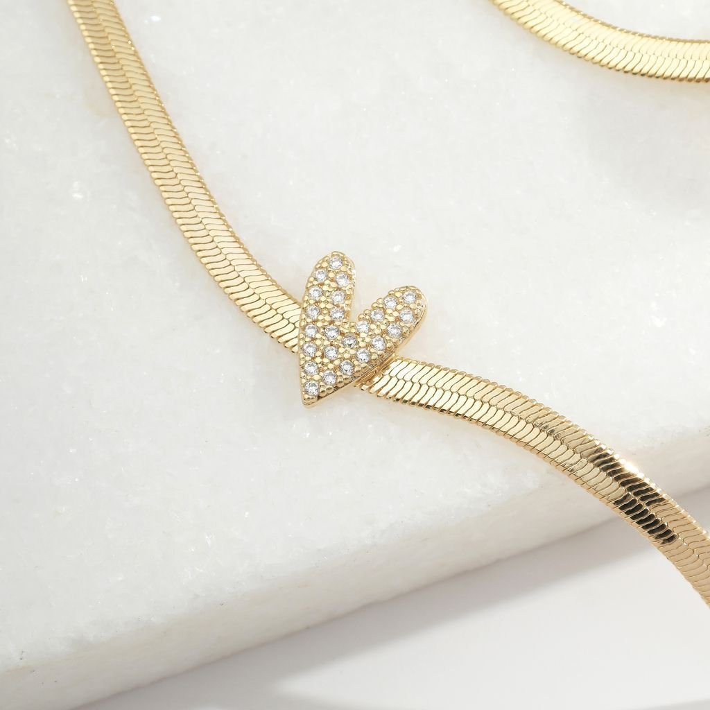 Pulseira Laminada com Coração em Zircônias Semijoia Dourado 2
