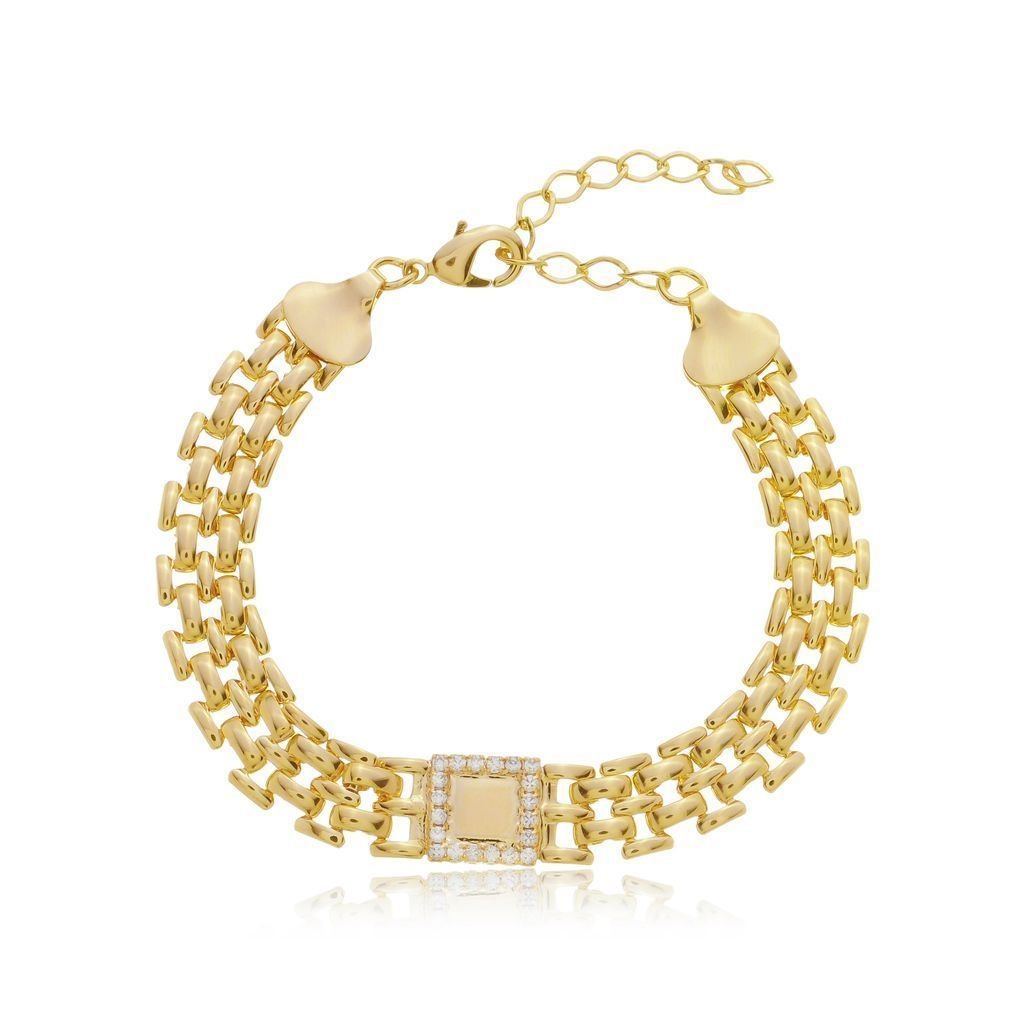 Pulseira Malha Clock com Quadrado Zircônias Semijoia Dourado 1