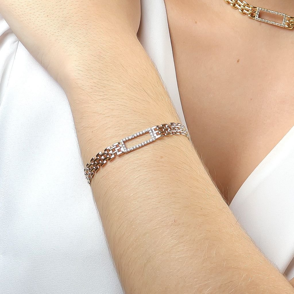 Pulseira Corrente Malha Clock Detalhe Zircônias Semijoia Dourado 2