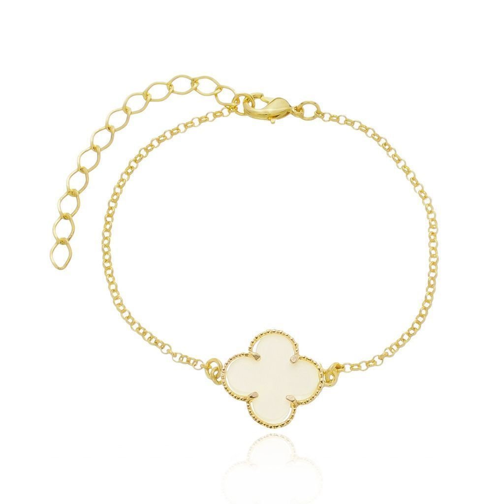 Pulseira Trevo Resina cor Madrepérola Semijoia Banho Ouro Branco 2