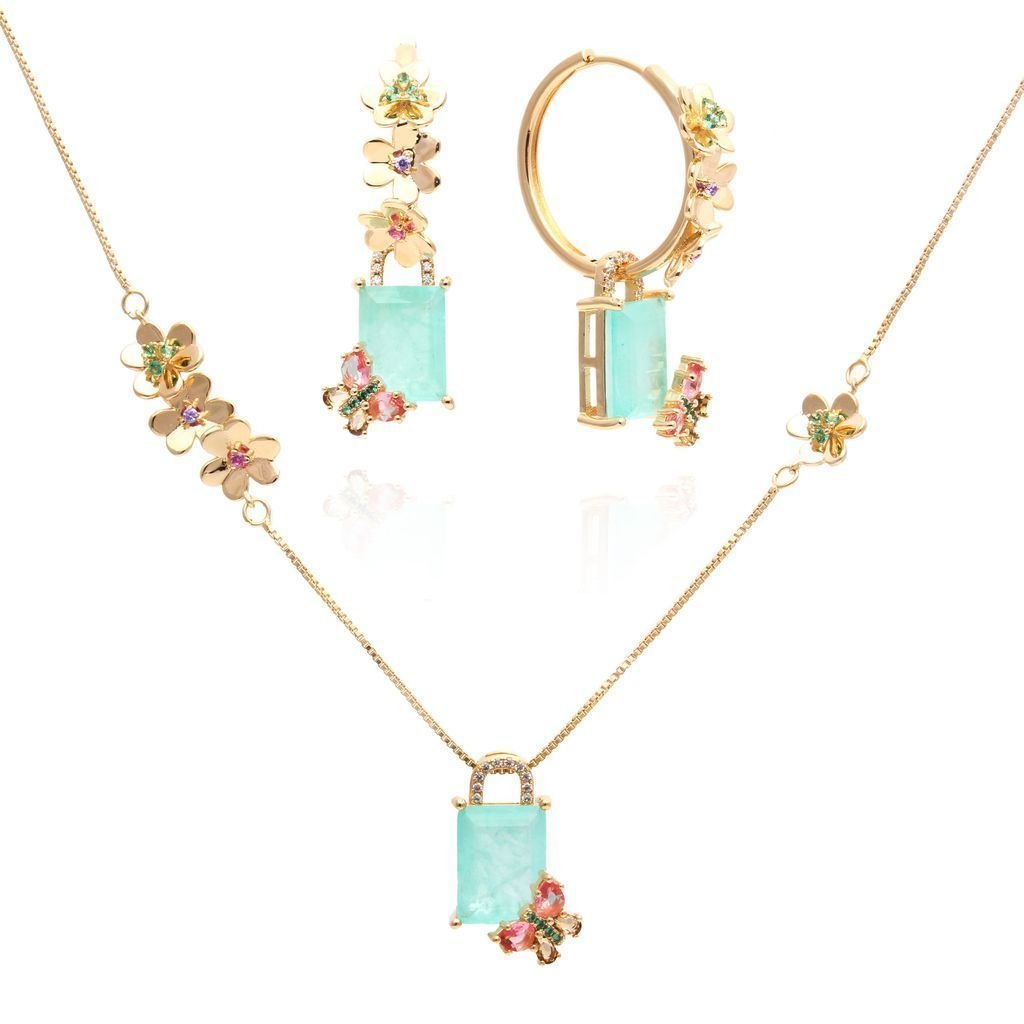 Conjunto Colar e Brinco Jardim Florido Dourado Verde 1