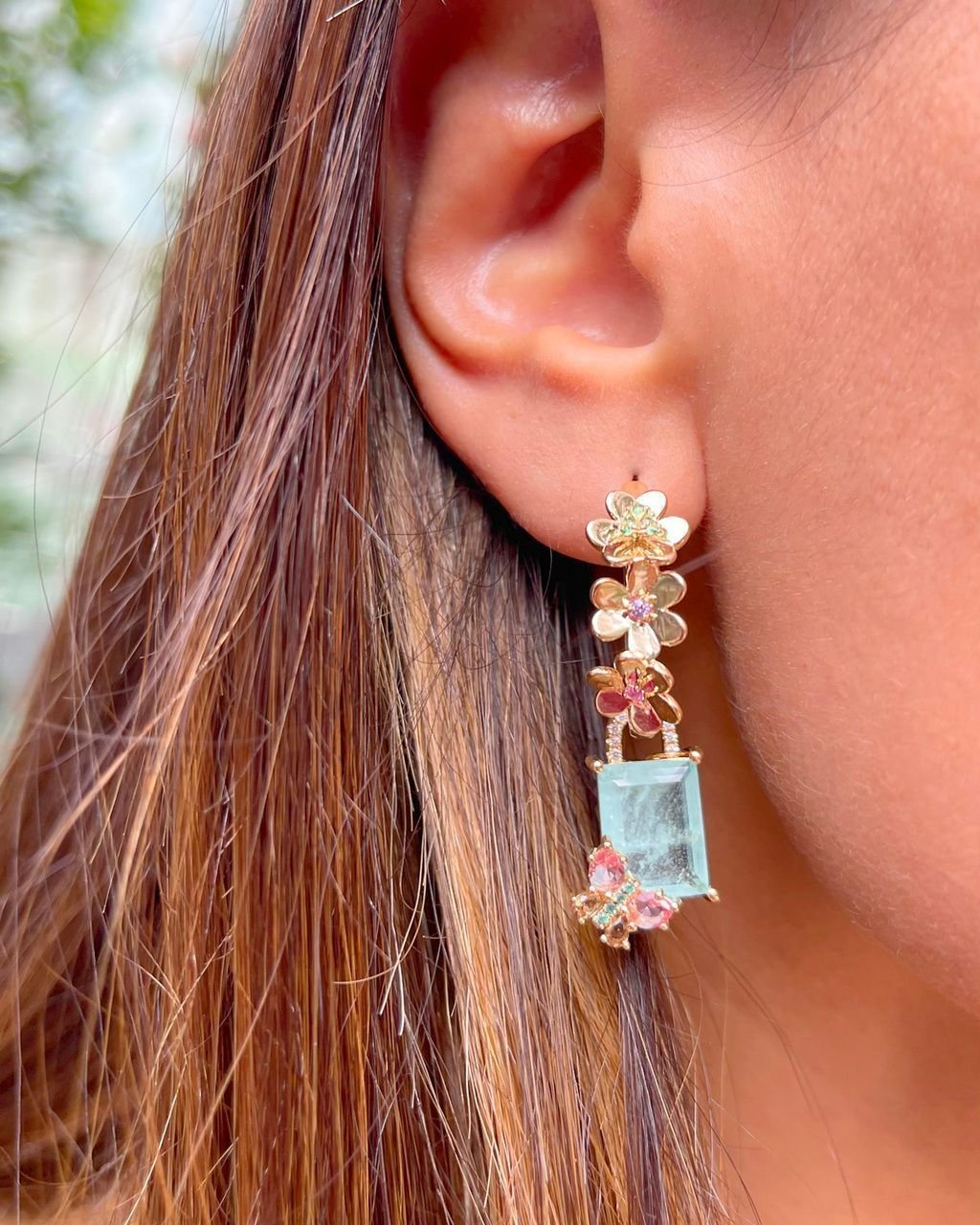 Conjunto Colar e Brinco Jardim Florido Dourado Verde 3