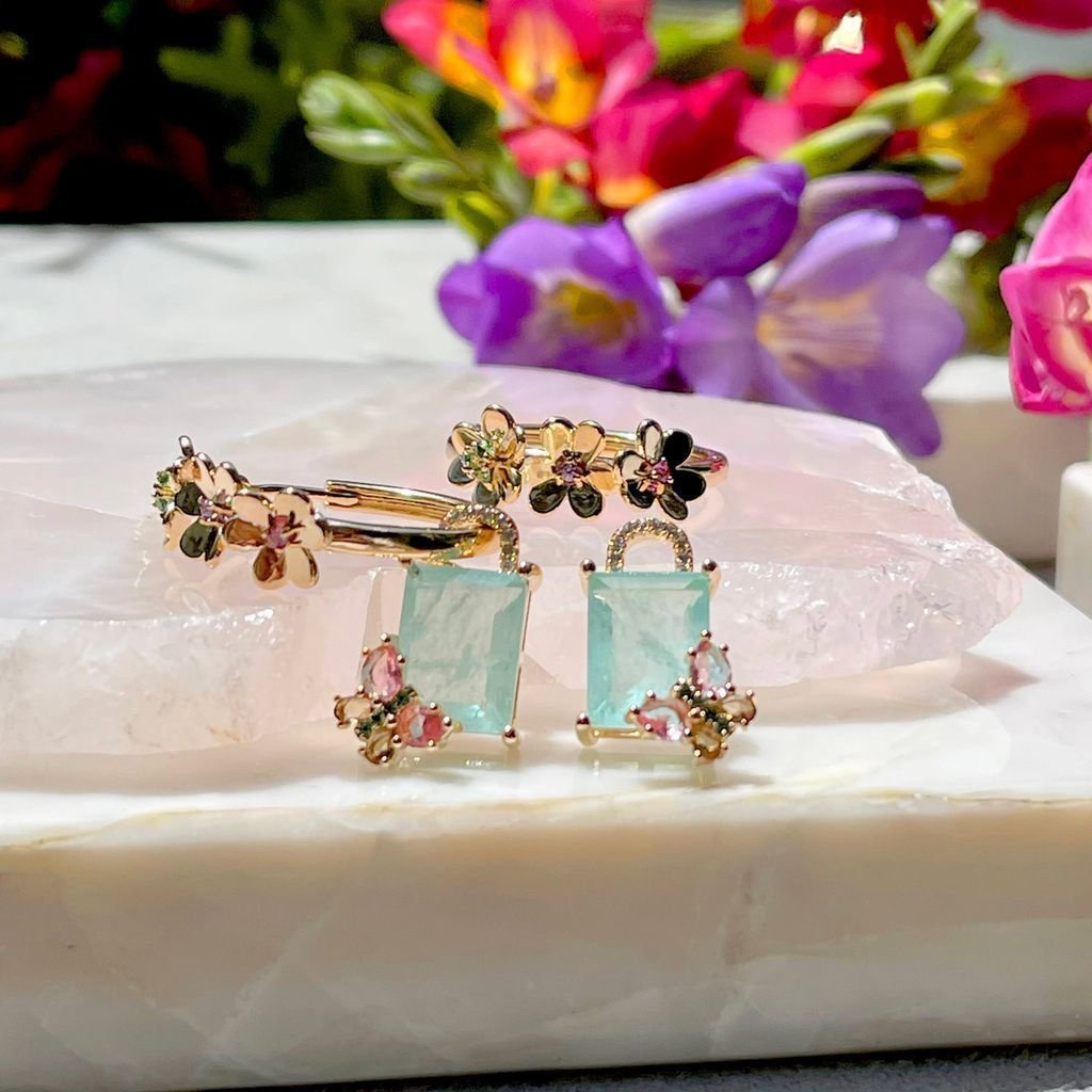 Conjunto Colar e Brinco Jardim Florido Dourado Verde 5