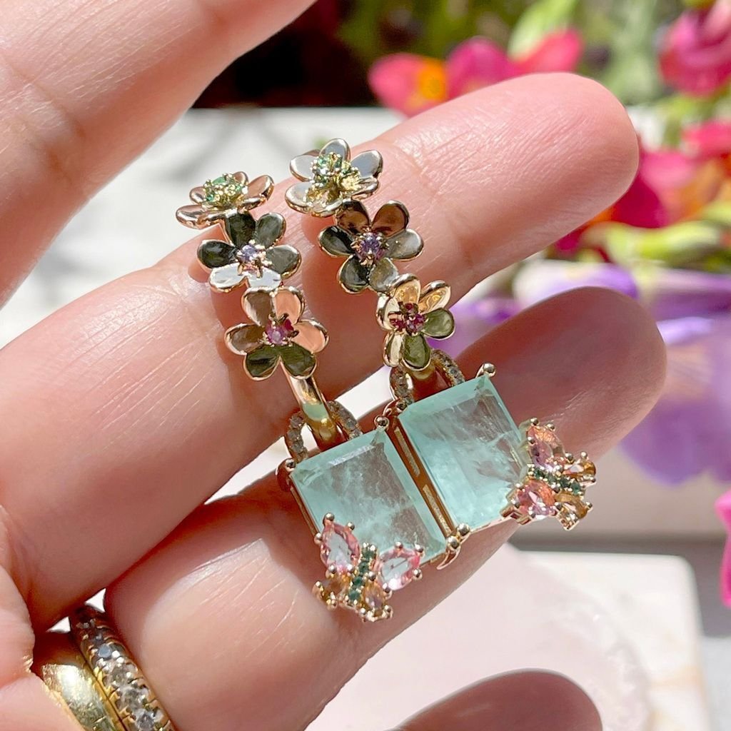 Conjunto Colar e Brinco Jardim Florido Dourado Verde 6