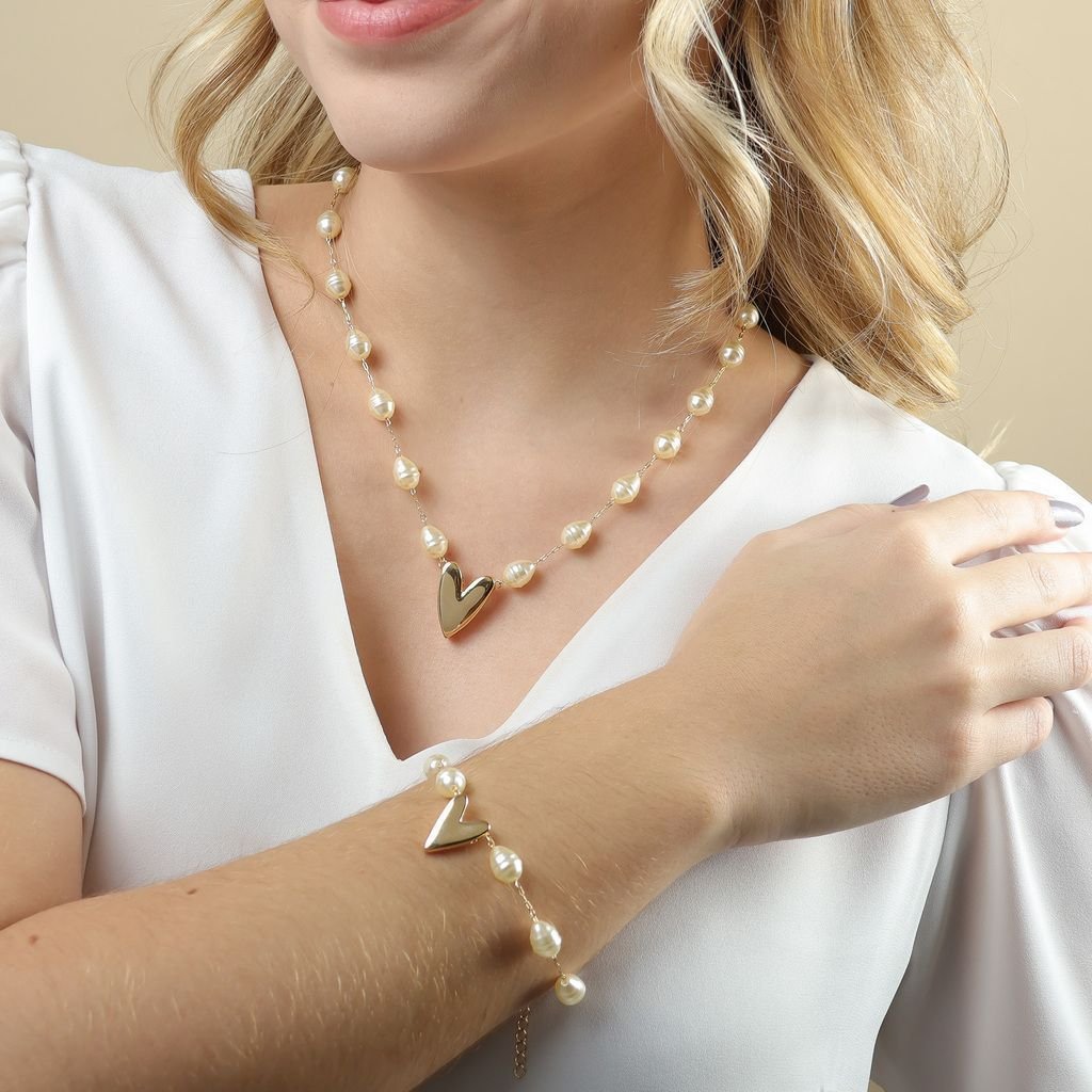 Conjunto Colar Pulseira Coração com Pérolas Barrocas Semijoia Dourado 2