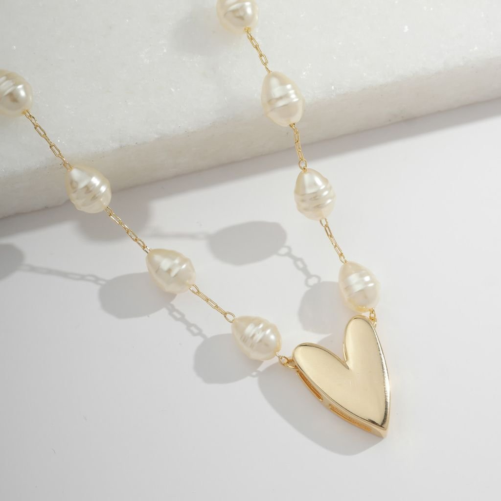 Conjunto Colar Pulseira Coração com Pérolas Barrocas Semijoia Dourado 3