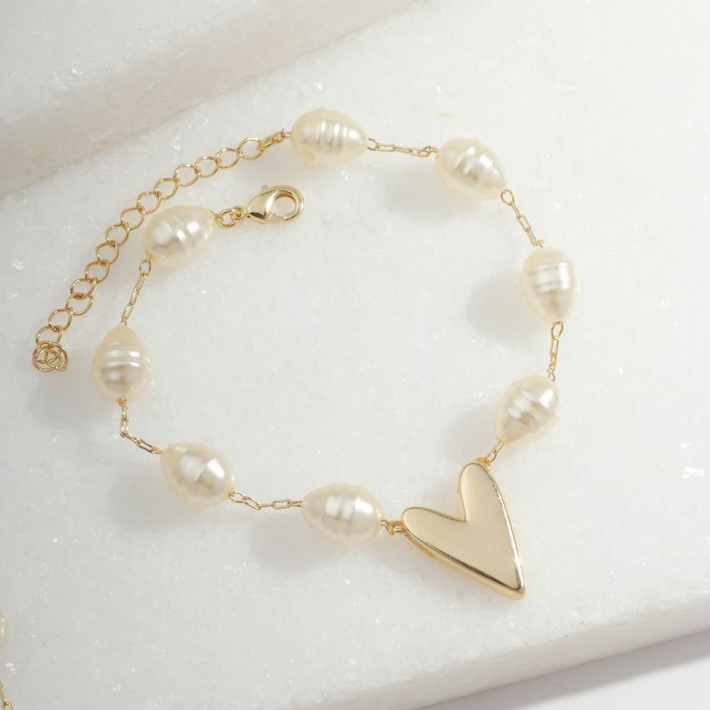 Conjunto Colar Pulseira Coração com Pérolas Barrocas Semijoia Dourado 4