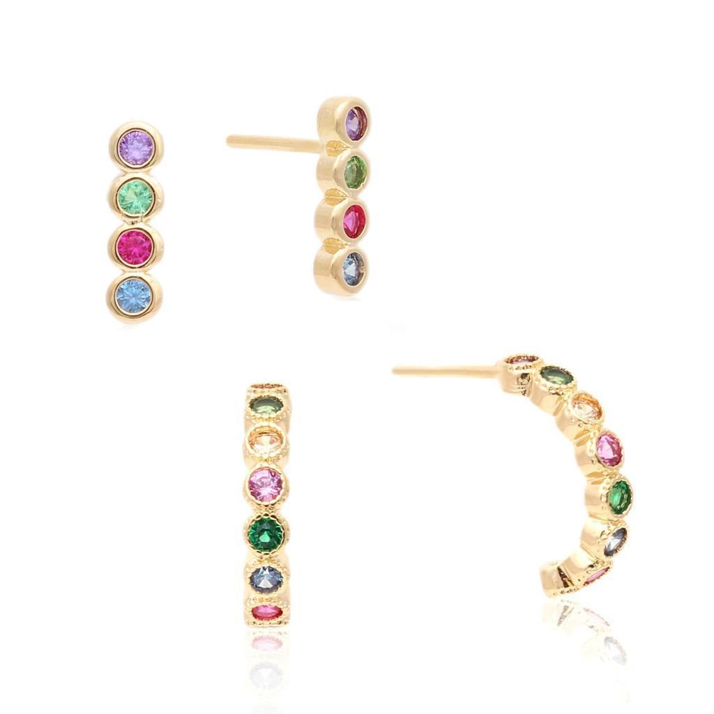 Kit Dois Brincos Zircônias Coloridas Argola e Palito Semijoia