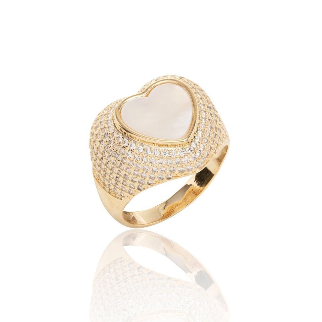 Anel Coração Madrepérola Aro Zircônias Semijoia Dourado 1