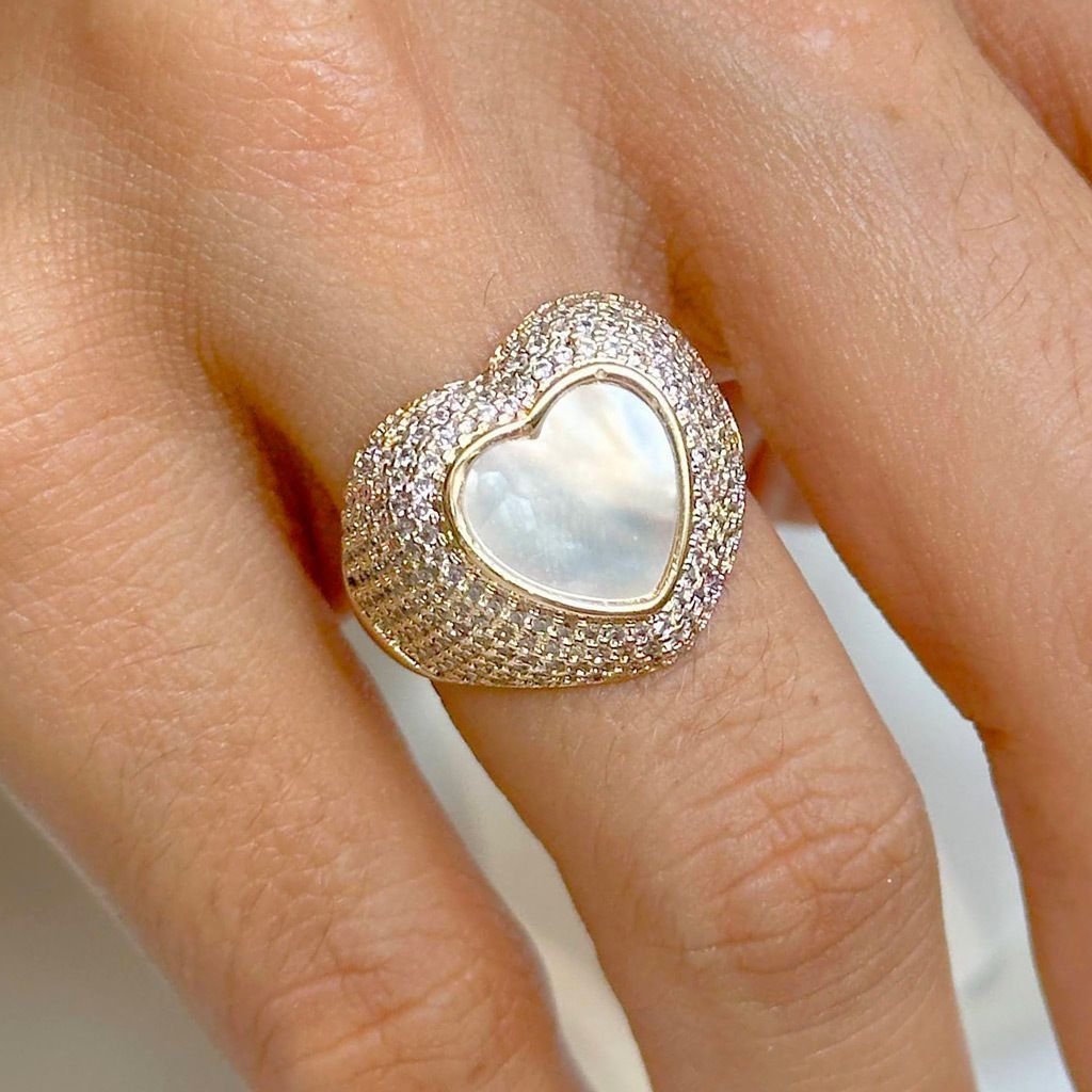 Anel Coração Madrepérola Aro Zircônias Semijoia Dourado 2
