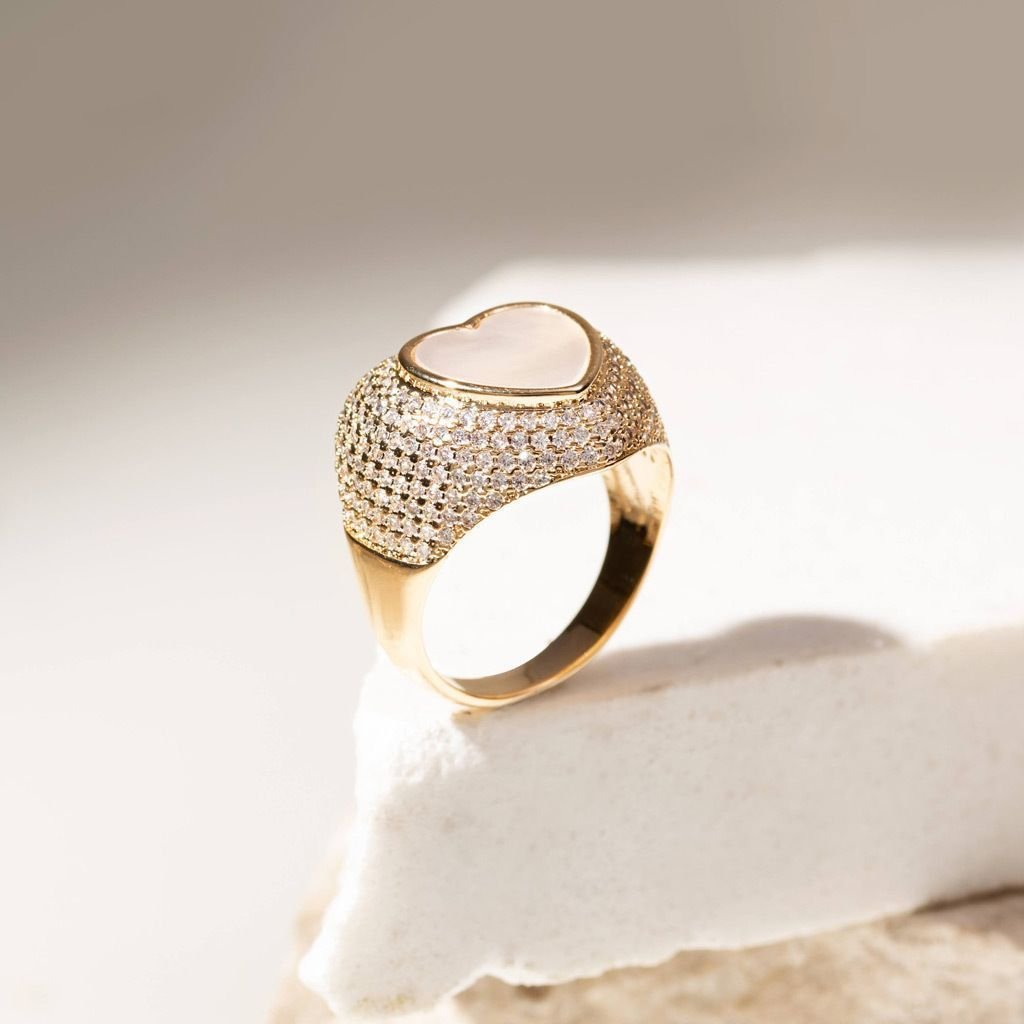 Anel Coração Madrepérola Aro Zircônias Semijoia Dourado 3