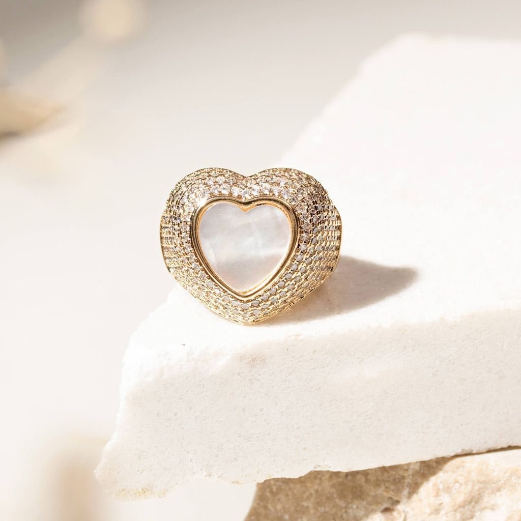 Anel Coração Madrepérola Aro Zircônias Semijoia Dourado 5