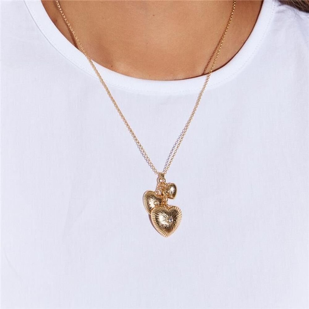 Colar com Pingentes Coração Raiados com Zircônias Semijoia Dourado 3