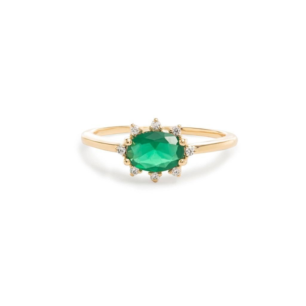 Anel Cristal Oval Cor Esmeralda com Zircônias Semijoia Dourado 4