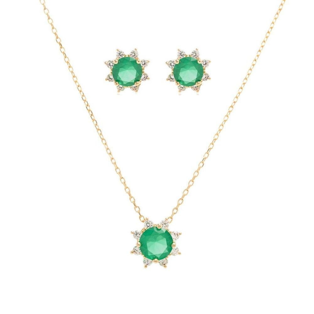 Conjunto Cristal Redondo Esmeralda com Zircônias Semijoia Dourado 1