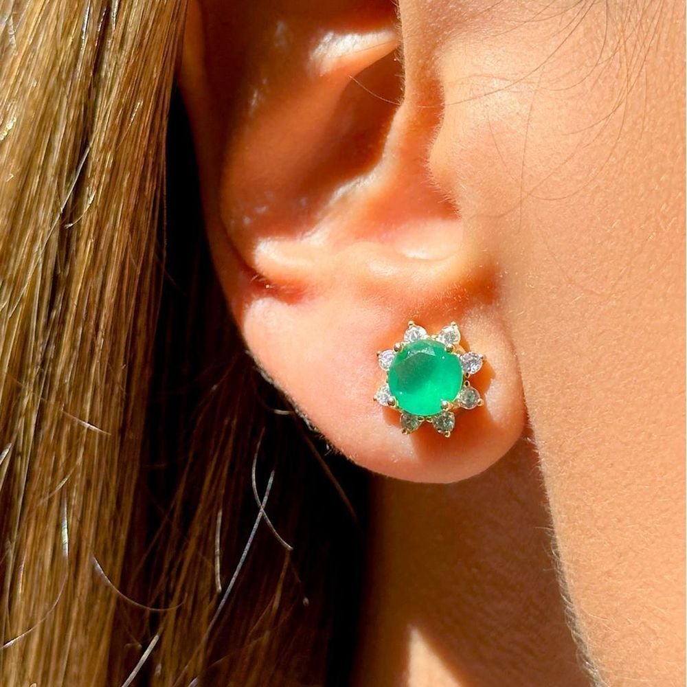 Conjunto Cristal Redondo Esmeralda com Zircônias Semijoia Dourado 3