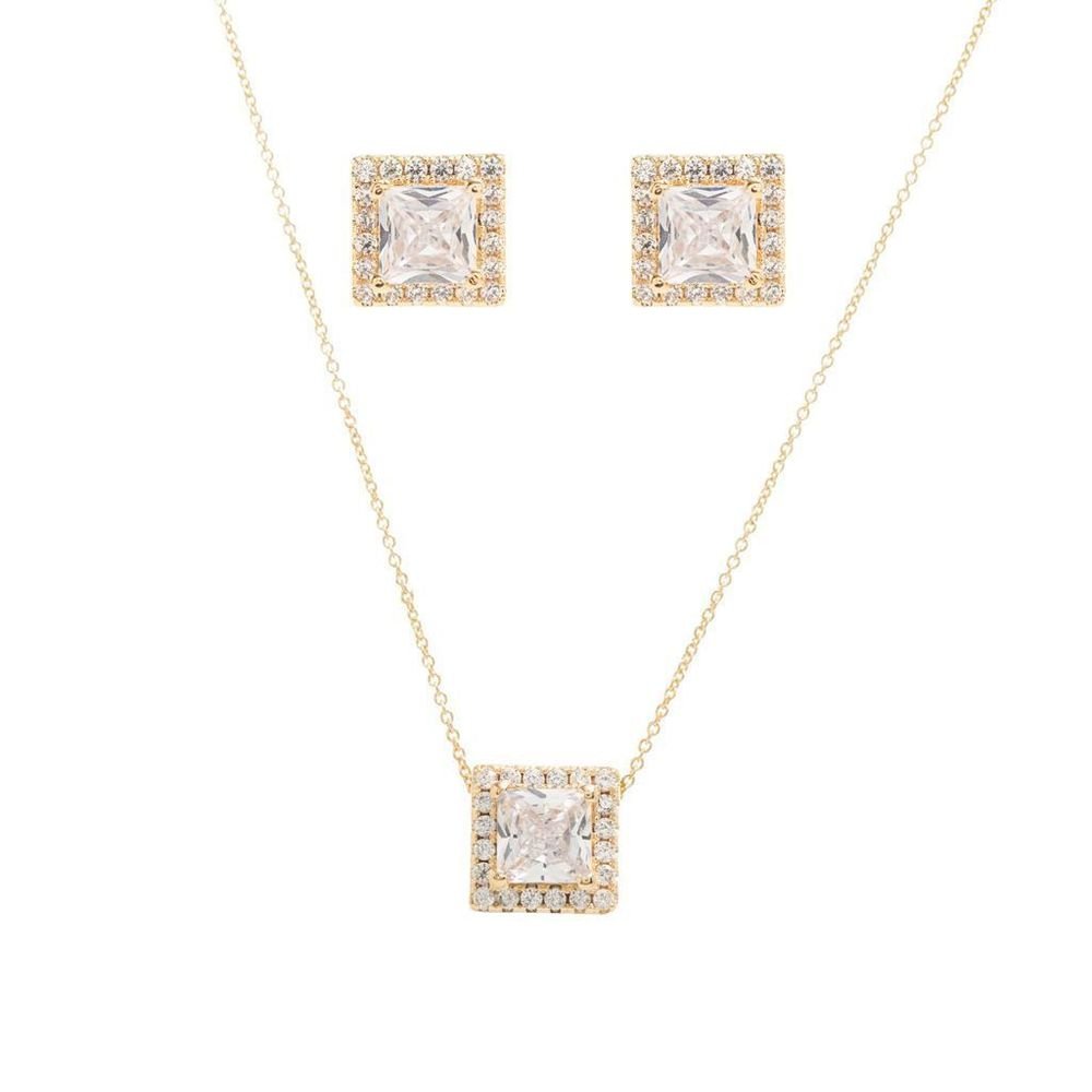 Conjunto Colar Brinco Zircônias Quadradas Semijoia Banhada