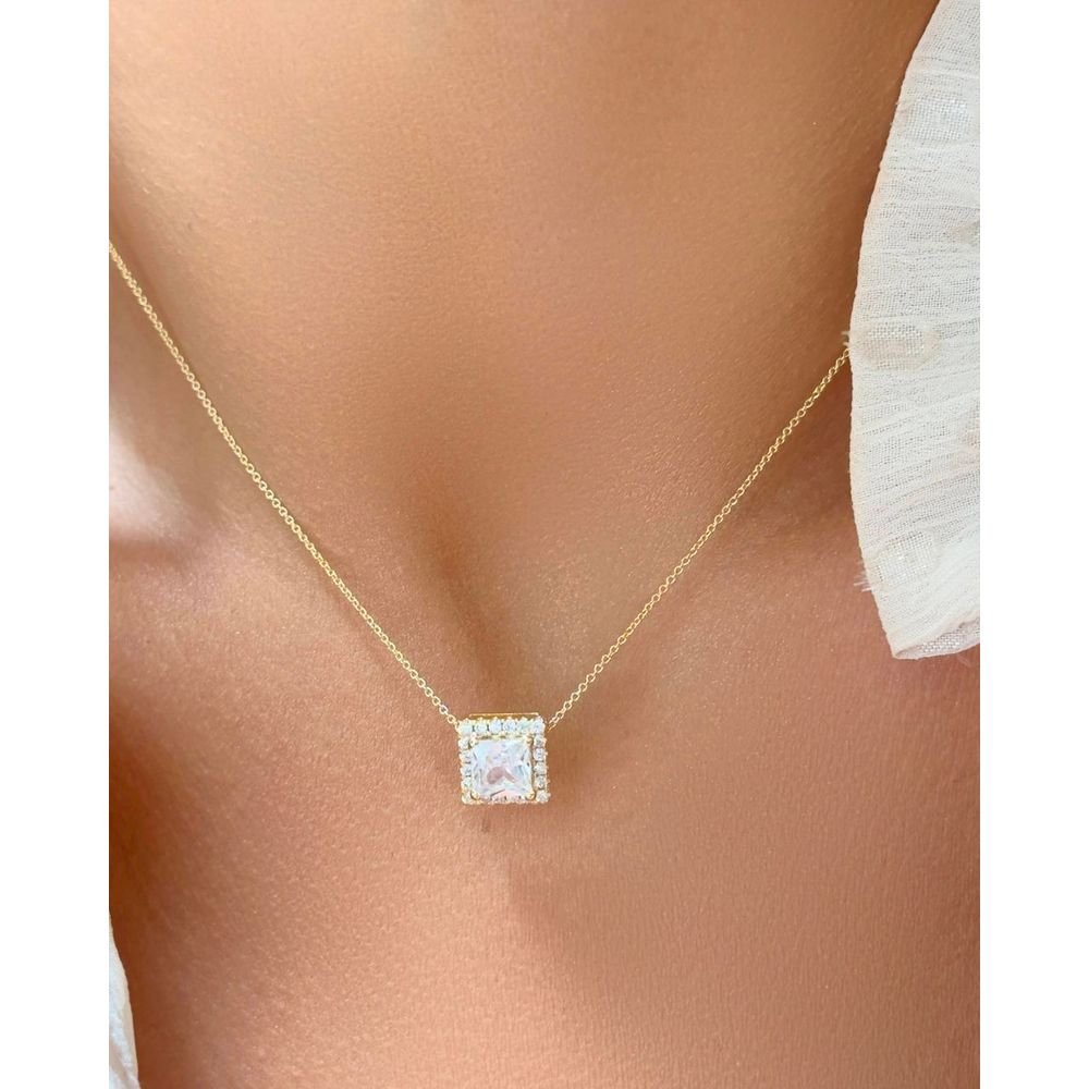 Conjunto Colar Brinco Zircônias Quadradas Semijoia Banhada Dourado 2