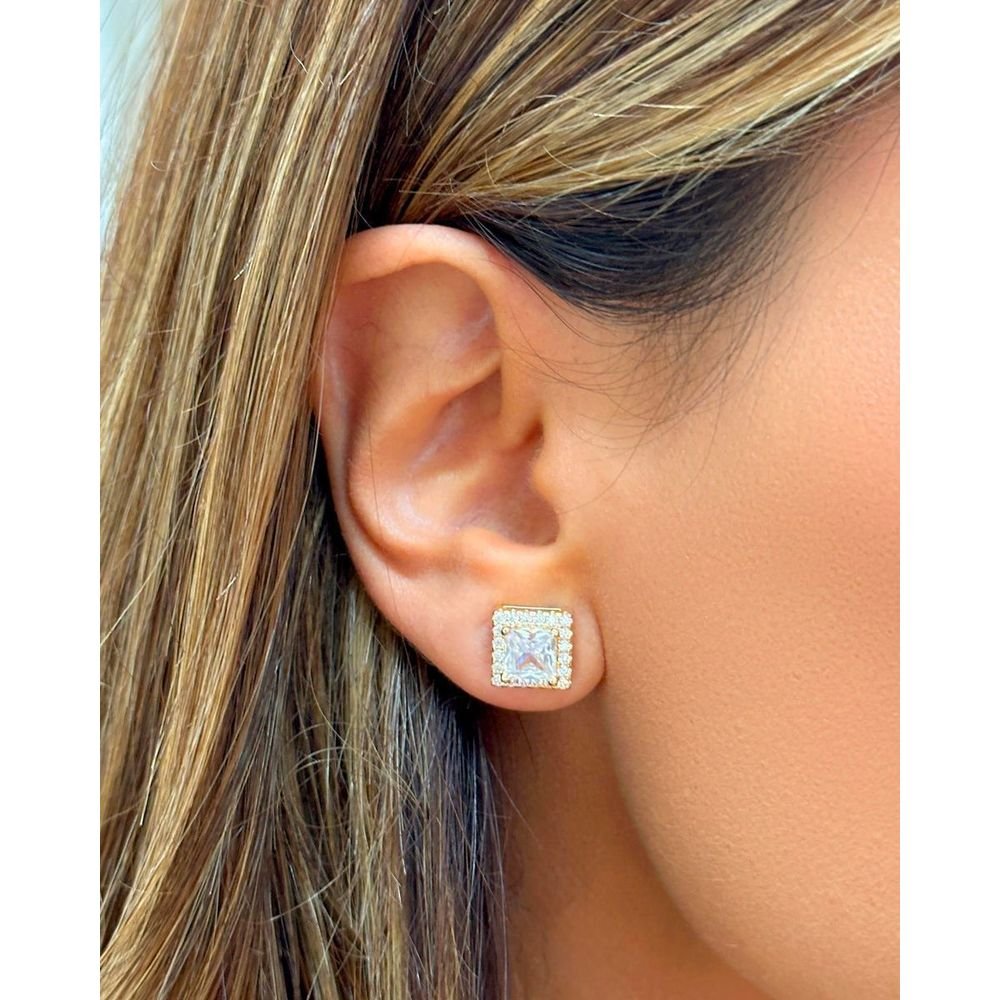 Conjunto Colar Brinco Zircônias Quadradas Semijoia Banhada Dourado 3