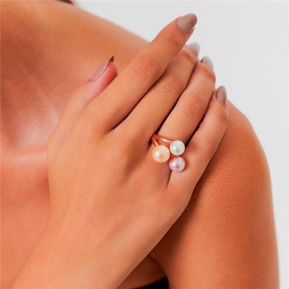 Anel Pérolas Rosadas Semijoia Banho Ouro Rosê Rosa 2