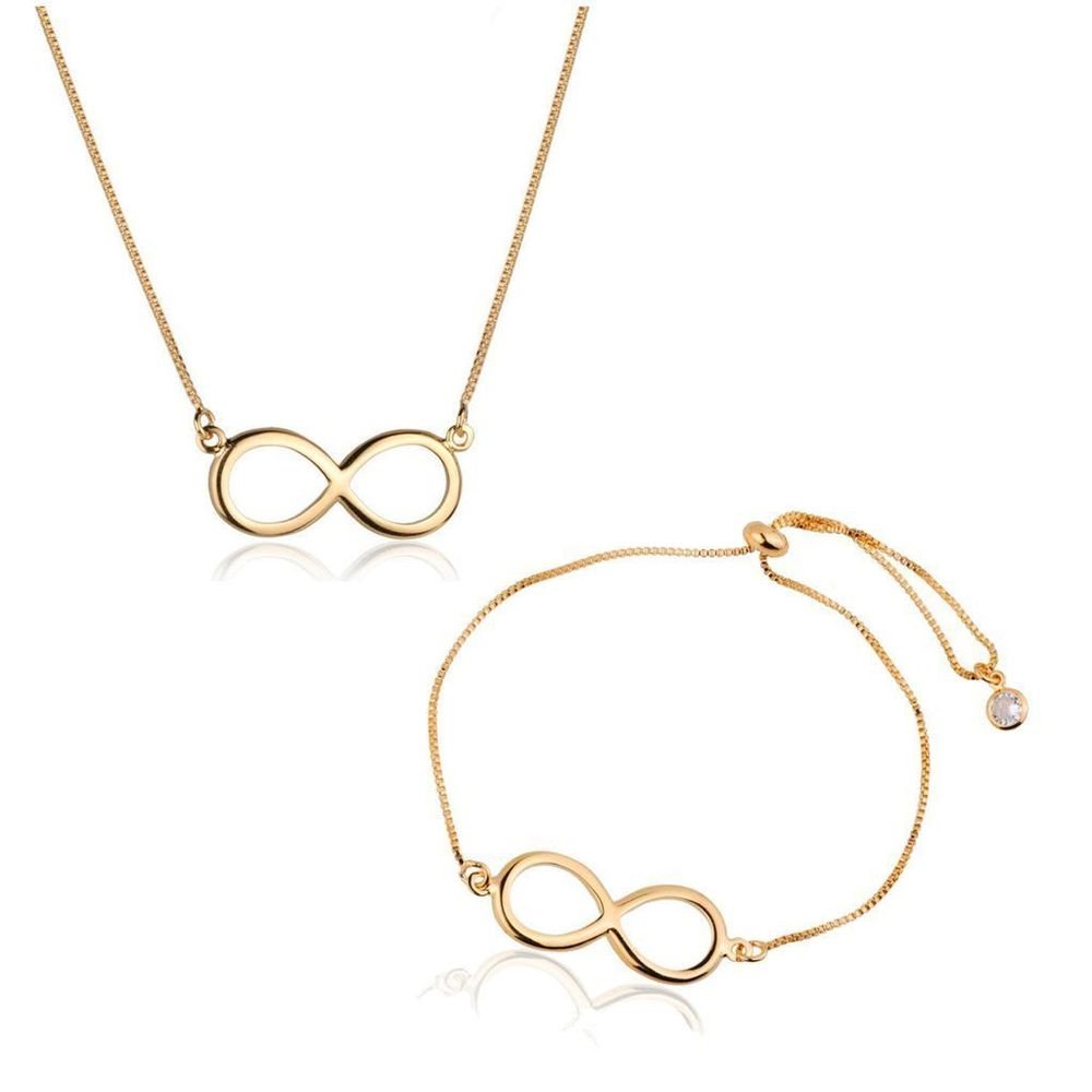 Conjunto Colar E Pulseira Símbolo Infinito Semijoia Ouro