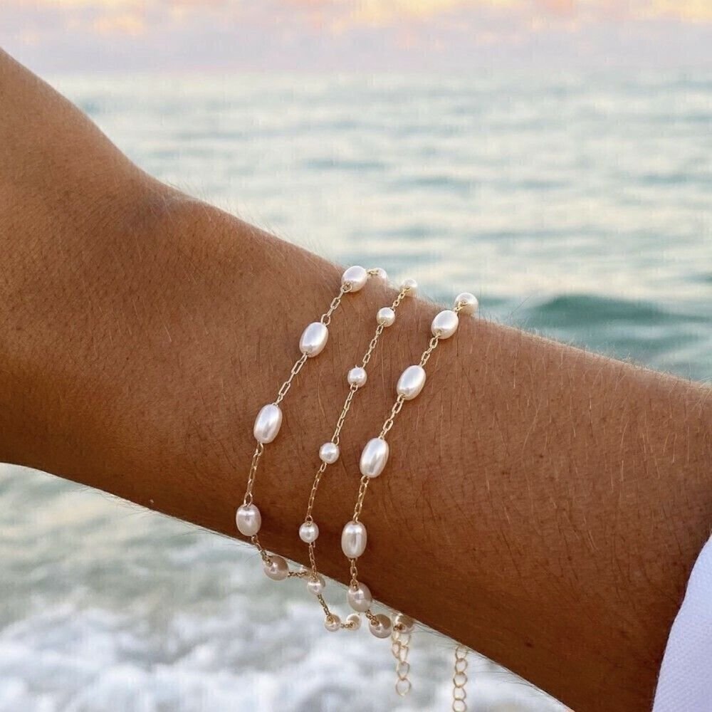 Pulseira Pérolas Ovais Semijoia Banhada a Ouro Dourado 3