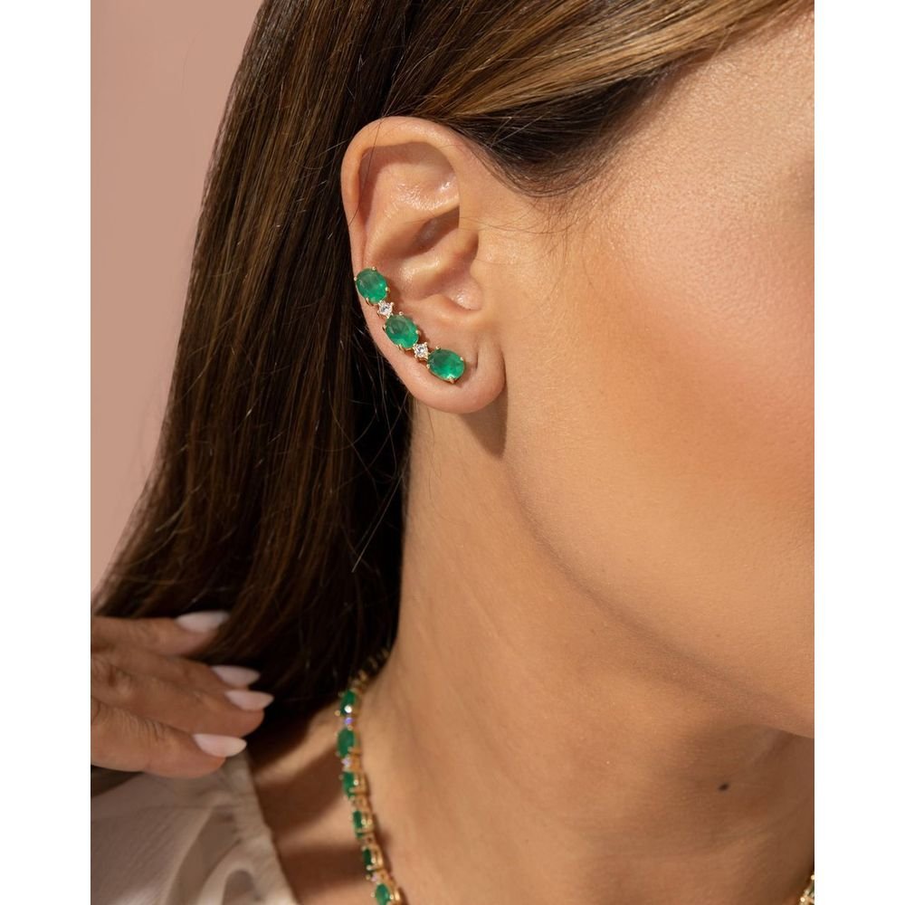 Brinco Ear cuff Cristal Cor Esmeralda com Zircônias Semijoia Verde 2