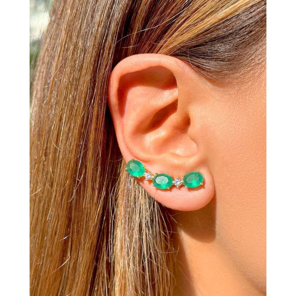 Brinco Ear cuff Cristal Cor Esmeralda com Zircônias Semijoia Verde 3