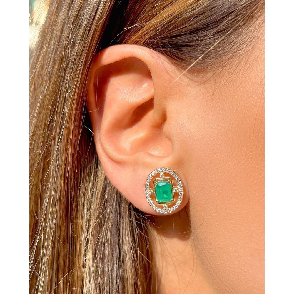 Brinco Vintage Cristal Esmeralda com Zircônias Semijoia Dourado/Verde 3