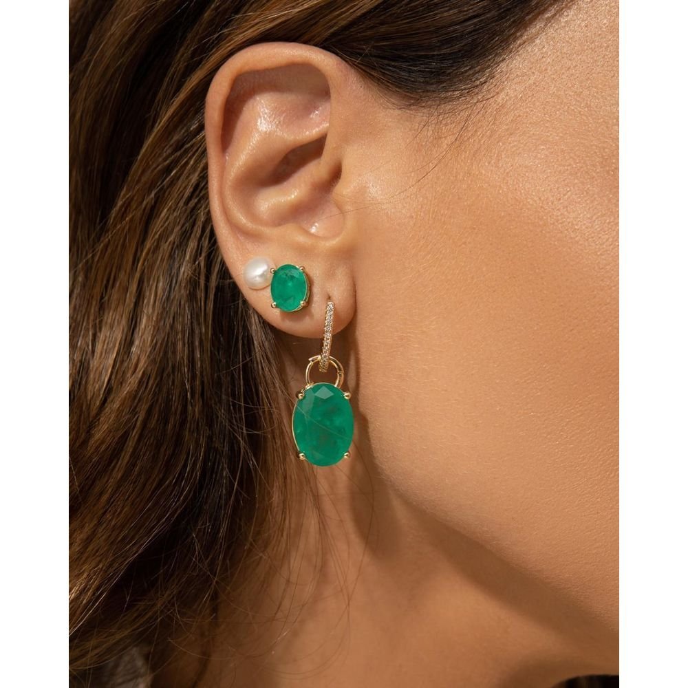 Brinco Argola Pingente Pedra Oval Verde Esmeralda Semijoia Dourado/Verde 2