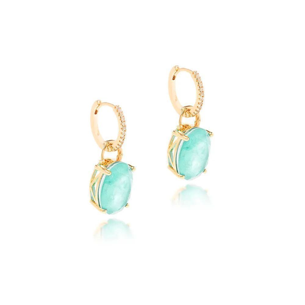 Brinco Argola com Pingente Pedra Oval Turmalina Semijoia Dourado/Verde 3