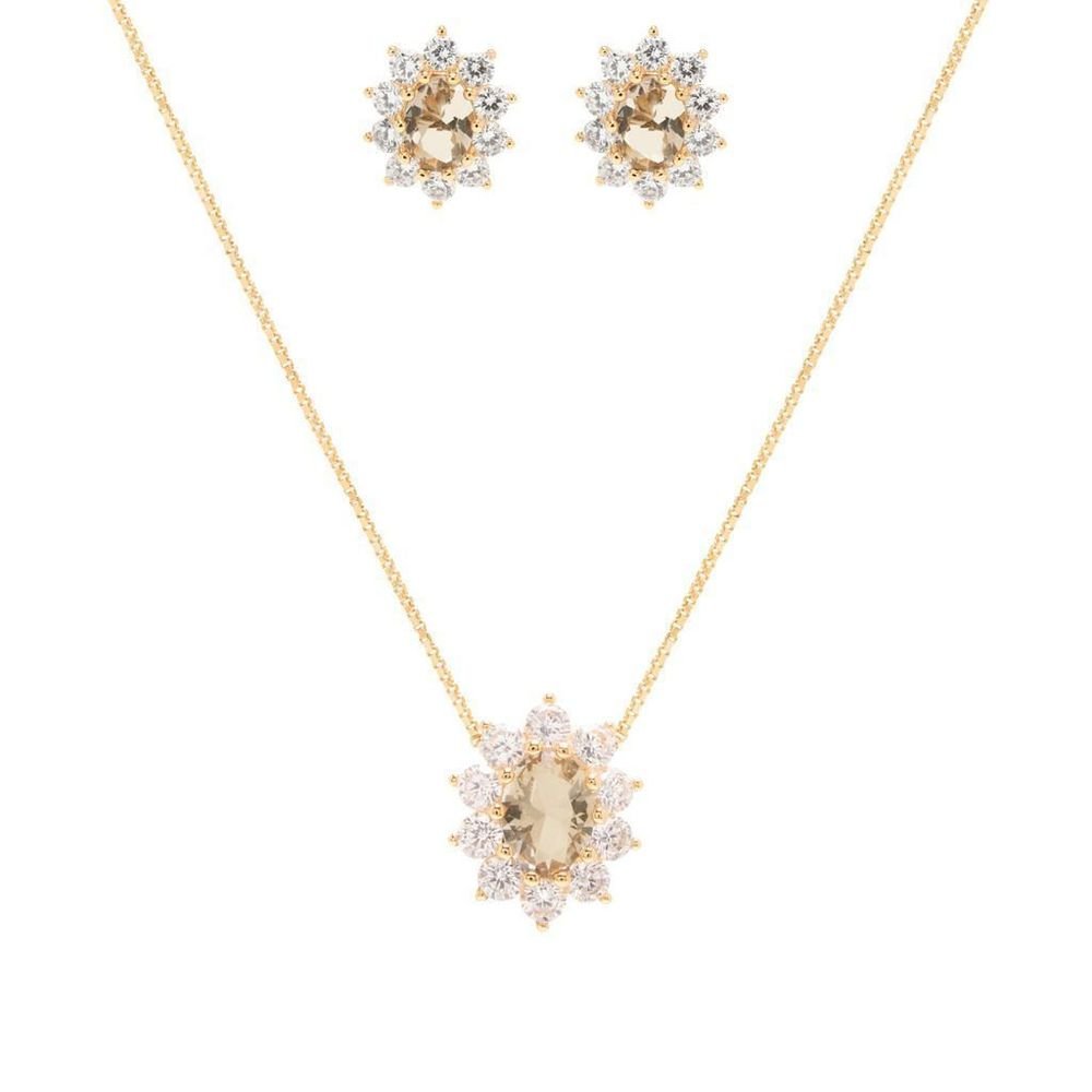 Conjunto Colar Brinco Cristal Berilo com Zircônias Semijoia Dourado 1
