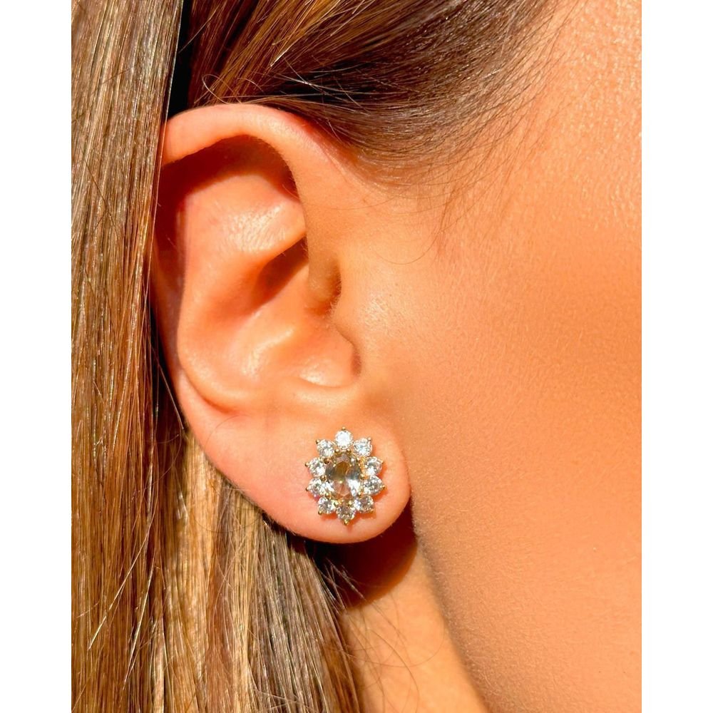 Conjunto Colar Brinco Cristal Berilo com Zircônias Semijoia Dourado 2