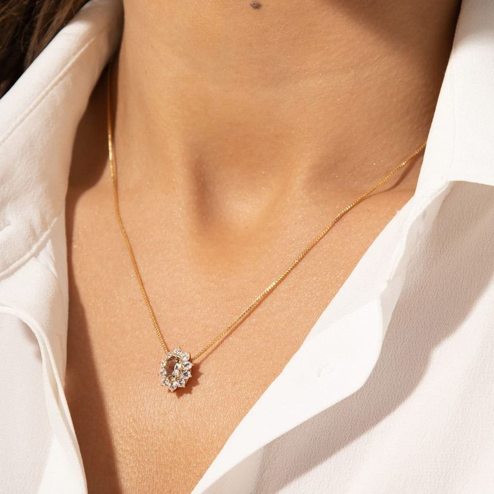 Conjunto Colar Brinco Cristal Berilo com Zircônias Semijoia Dourado 3